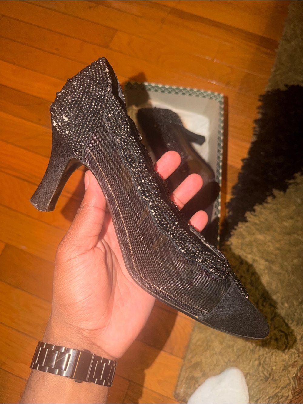 J.Renee Black Beaded Mesh Mid Heel Pumps